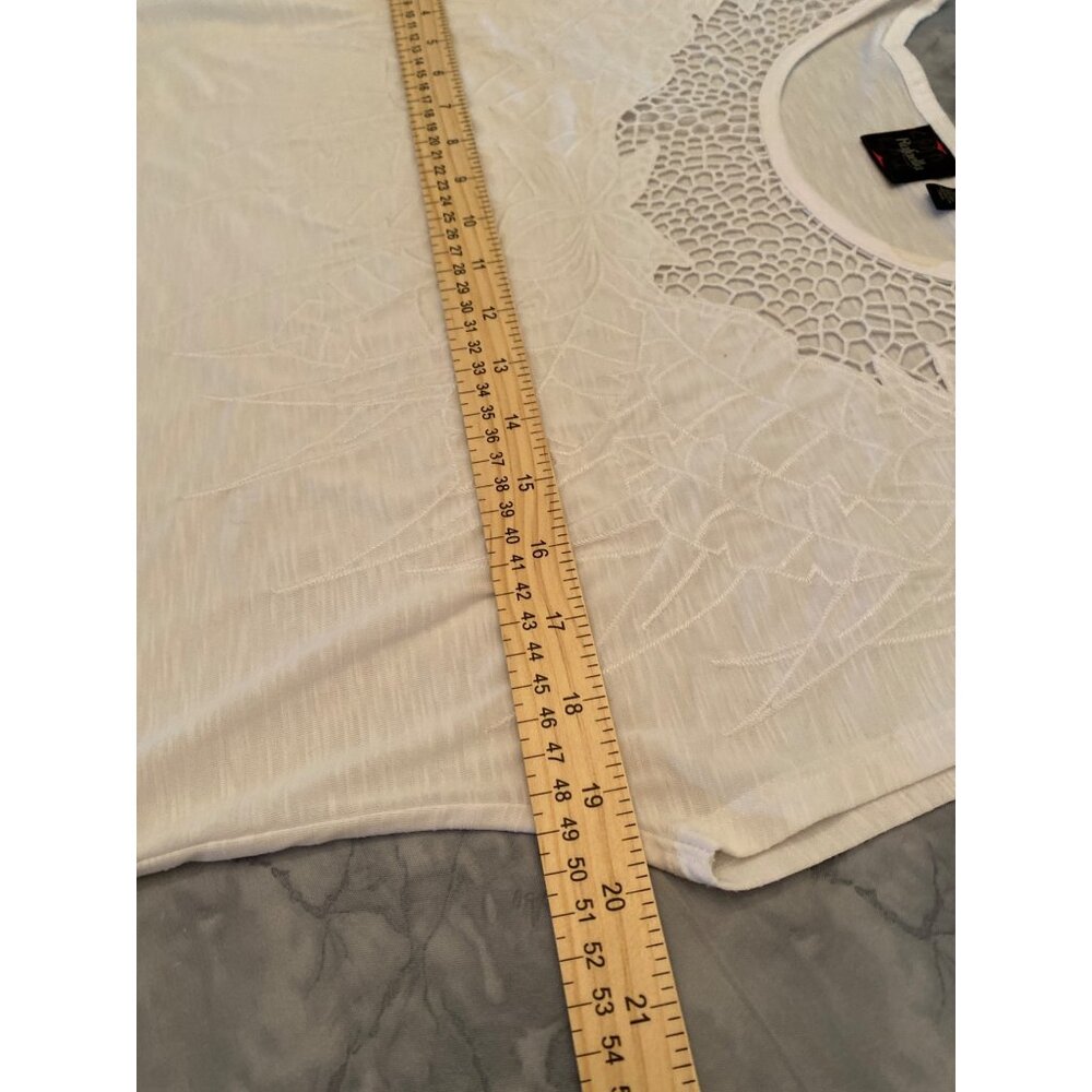 Top Short Cap Sleeve White on White Embroidered Crochet Neckline Rafaella Size M - Picture 7 of 8